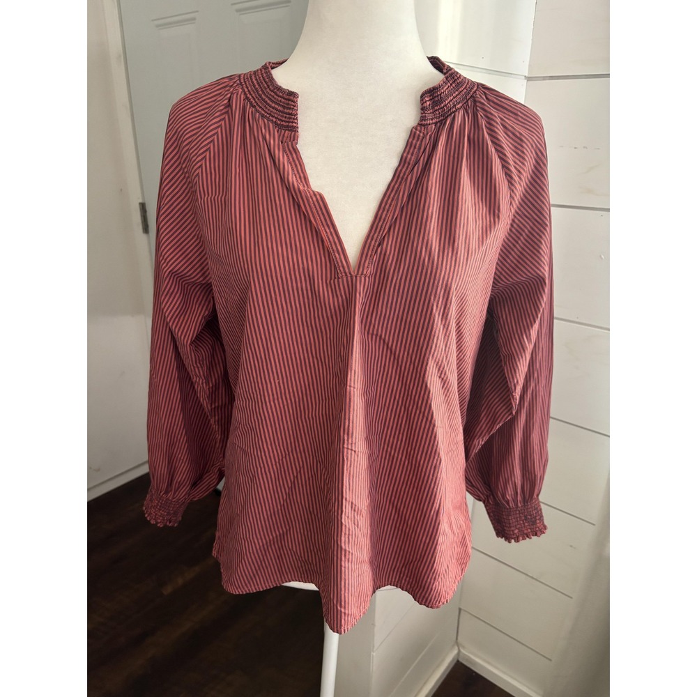Nation LTD‎ Blouse Womens Small Red Navy Stripe Pima Cotton Smocked V Neck Top